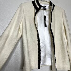 Bob Mackie Studio Coat Size 6 Ivory Elegant Ribbon Trim Jacket Classic Luxury